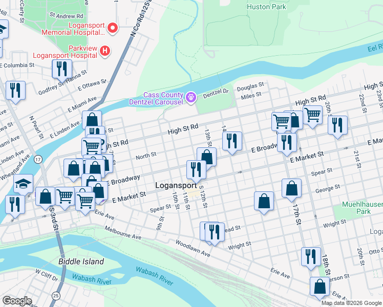 map of restaurants, bars, coffee shops, grocery stores, and more near 215 12th Street in Logansport
