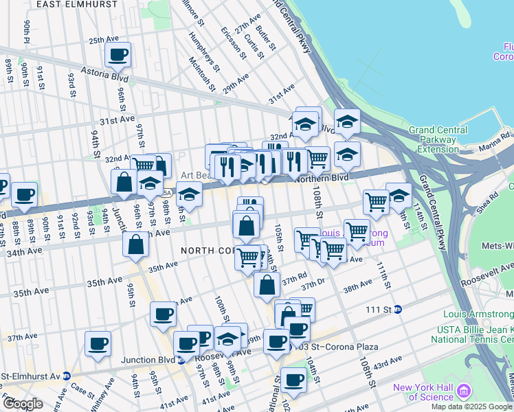 map of restaurants, bars, coffee shops, grocery stores, and more near 33-40 104th Street in Queens