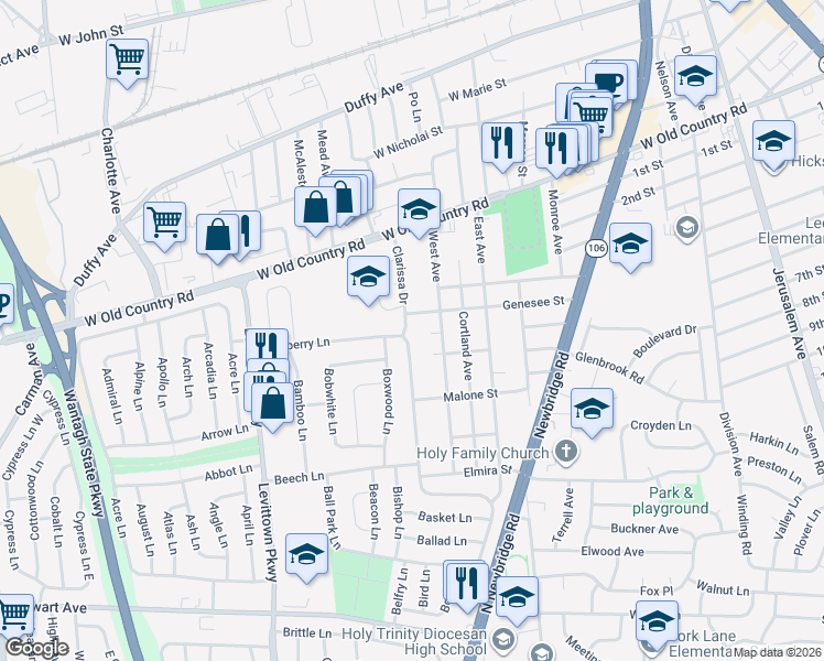 map of restaurants, bars, coffee shops, grocery stores, and more near 67 West Avenue in Hicksville