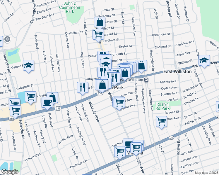 map of restaurants, bars, coffee shops, grocery stores, and more near in Williston Park