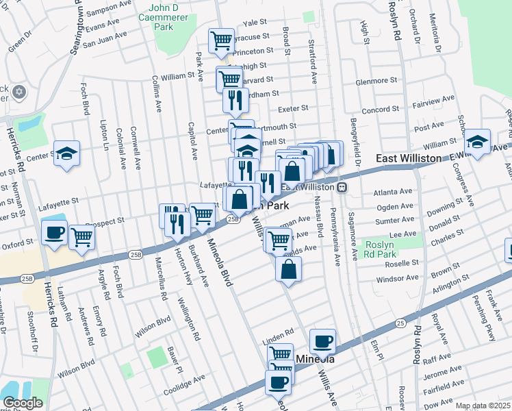 map of restaurants, bars, coffee shops, grocery stores, and more near in Williston Park