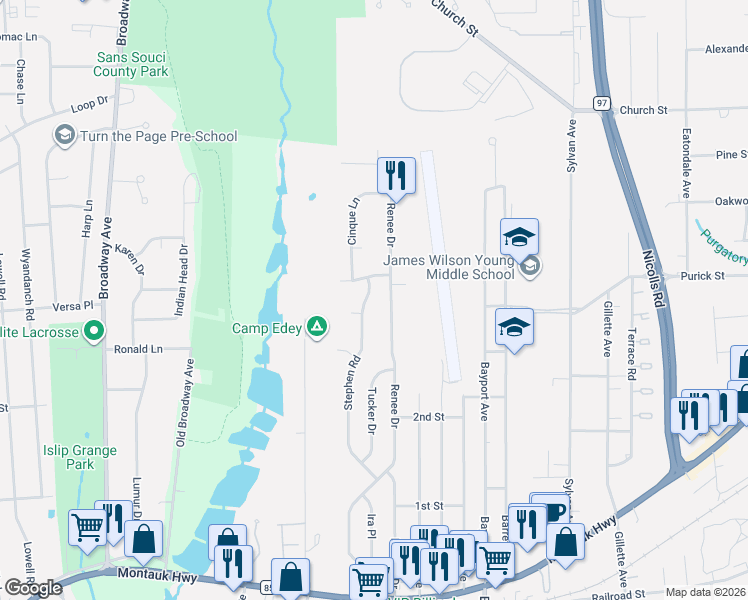 map of restaurants, bars, coffee shops, grocery stores, and more near 100 Stephen Road in Bayport