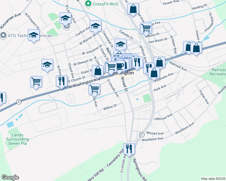 map of restaurants, bars, coffee shops, grocery stores, and more near 45 South Lincoln Avenue in Washington