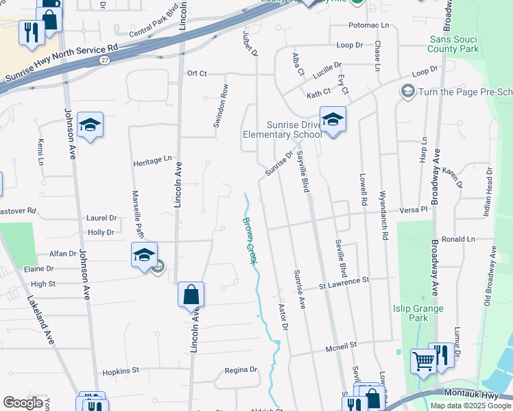 map of restaurants, bars, coffee shops, grocery stores, and more near 424 Astor Drive in Sayville