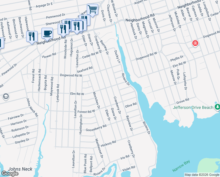 map of restaurants, bars, coffee shops, grocery stores, and more near 130 Cranberry Drive in Mastic Beach