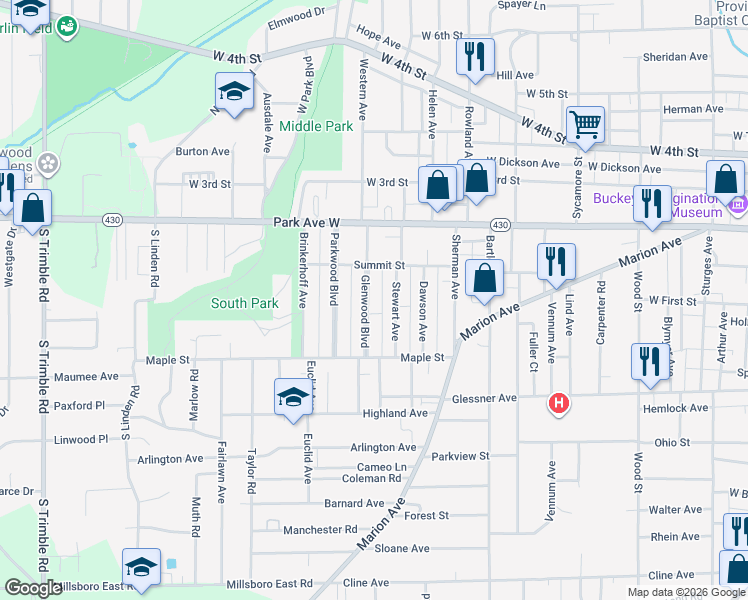 map of restaurants, bars, coffee shops, grocery stores, and more near 87 Glenwood Boulevard in Mansfield