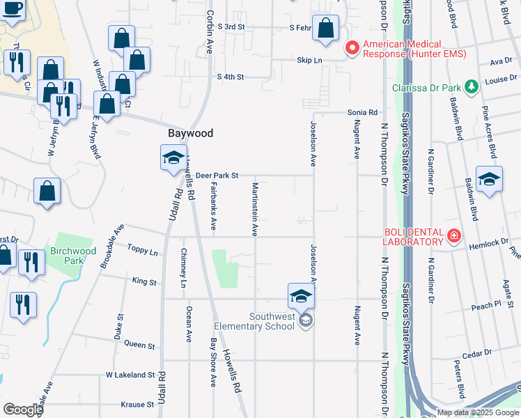 map of restaurants, bars, coffee shops, grocery stores, and more near 1146 Martinstein Avenue in Bay Shore