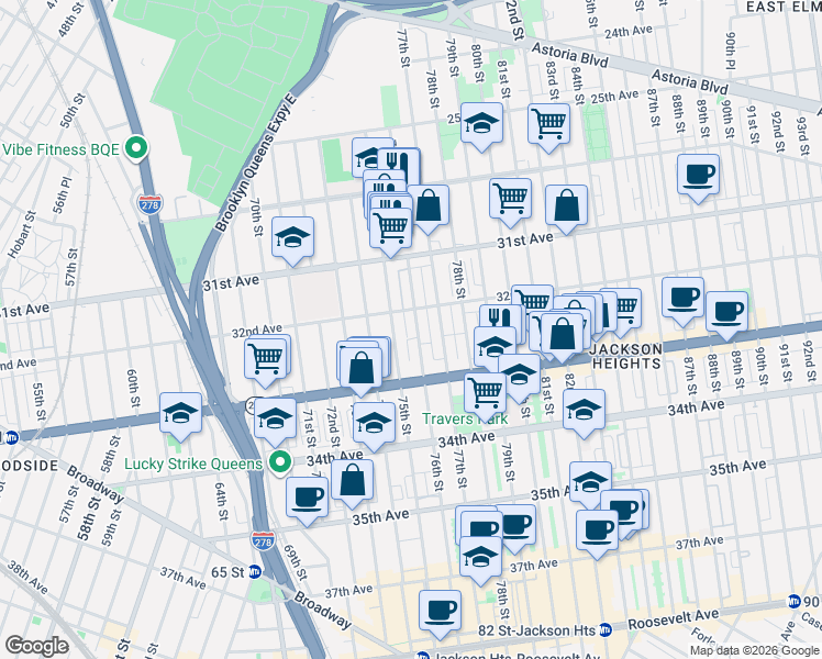 map of restaurants, bars, coffee shops, grocery stores, and more near 32-18 76th Street in Queens