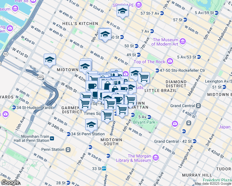 map of restaurants, bars, coffee shops, grocery stores, and more near 3 Times Square in New York