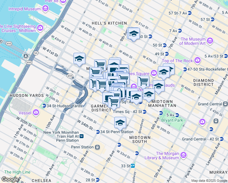 map of restaurants, bars, coffee shops, grocery stores, and more near 625 8th Avenue in New York