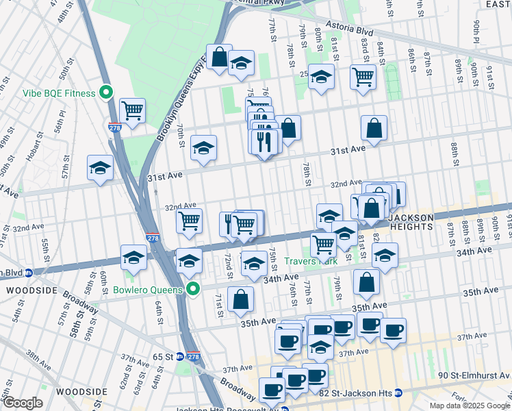 map of restaurants, bars, coffee shops, grocery stores, and more near 32-11 74th Street in Queens