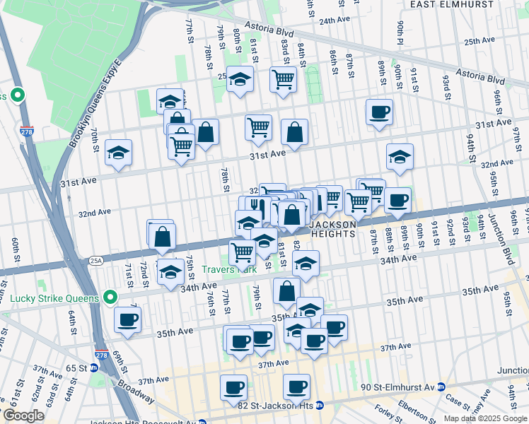 map of restaurants, bars, coffee shops, grocery stores, and more near 32-35 80th Street in Queens