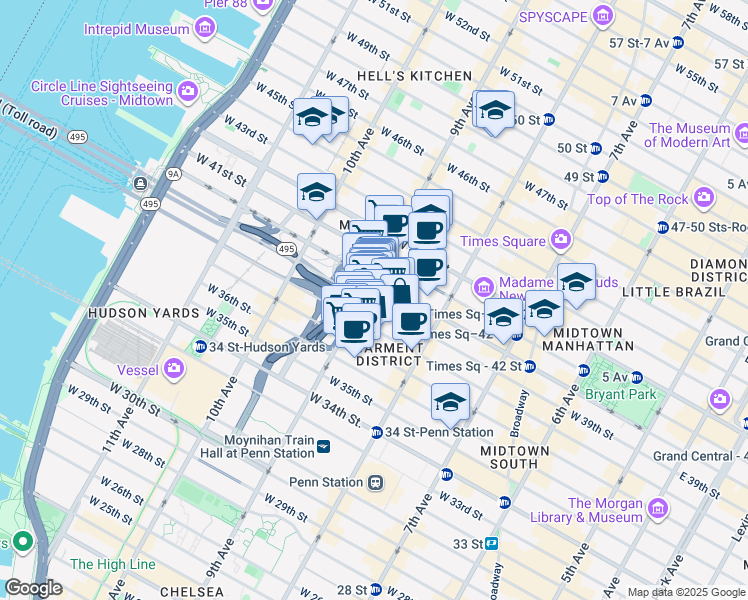 map of restaurants, bars, coffee shops, grocery stores, and more near 510 9th Avenue in New York