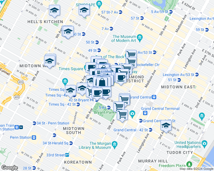 map of restaurants, bars, coffee shops, grocery stores, and more near 1156 6th Avenue in New York
