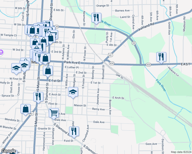 map of restaurants, bars, coffee shops, grocery stores, and more near 264 East 2nd Street in Mansfield