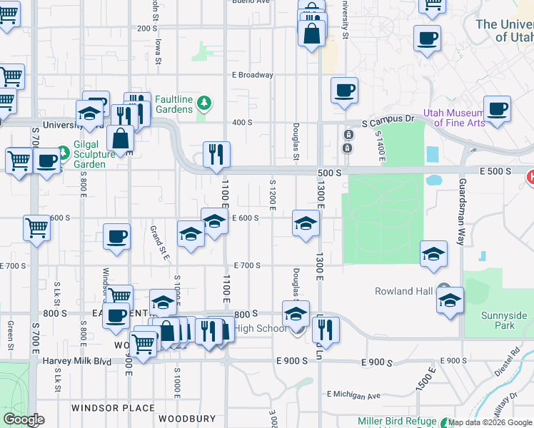 map of restaurants, bars, coffee shops, grocery stores, and more near 1203 East 600 South in Salt Lake City