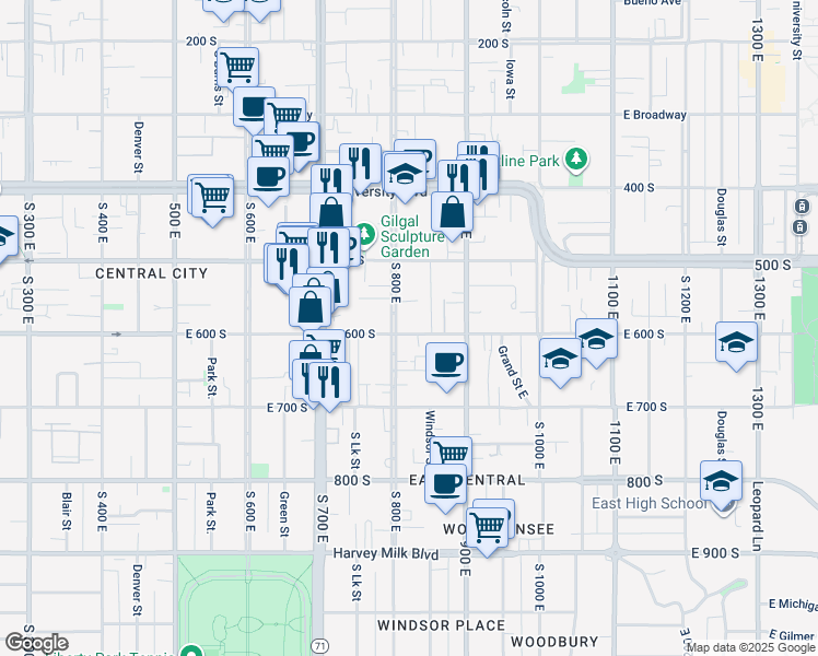 map of restaurants, bars, coffee shops, grocery stores, and more near 833 East 600 South in Salt Lake City