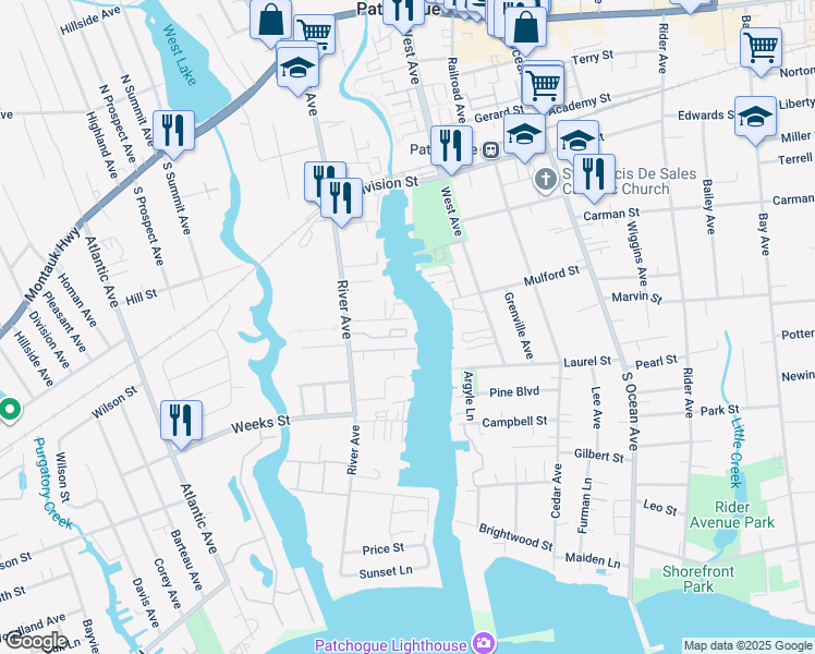 map of restaurants, bars, coffee shops, grocery stores, and more near 127 Jackie Court in Patchogue