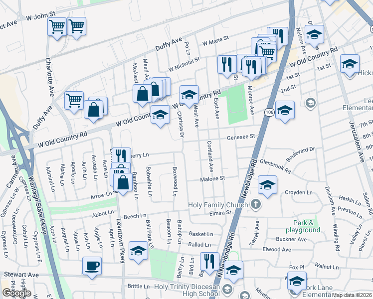 map of restaurants, bars, coffee shops, grocery stores, and more near 67 West Avenue in Hicksville