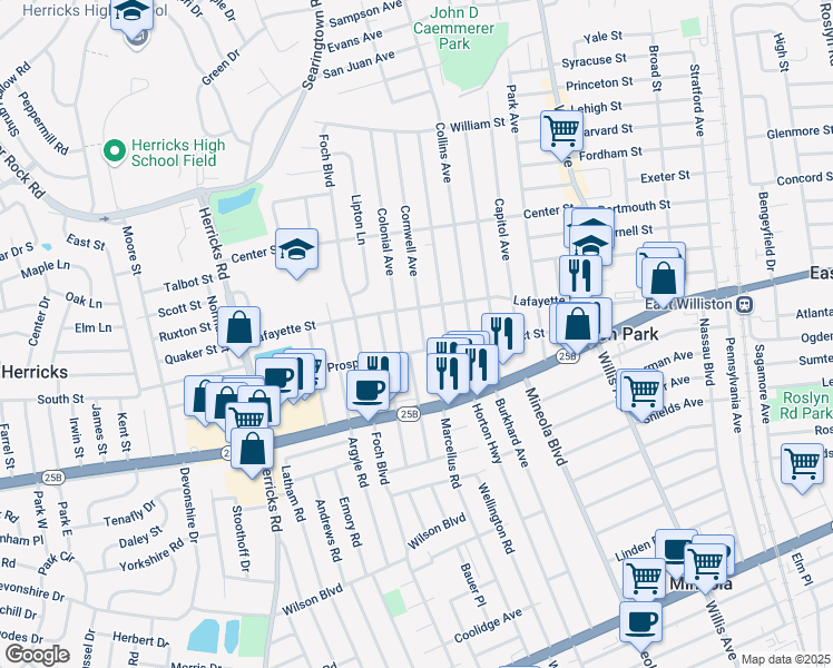 map of restaurants, bars, coffee shops, grocery stores, and more near 75 Cornwell Avenue in Williston Park