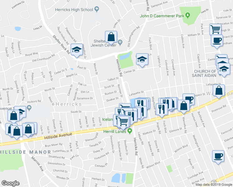 map of restaurants, bars, coffee shops, grocery stores, and more near 40 Ruxton Street in New Hyde Park