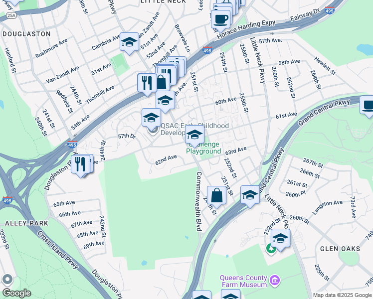map of restaurants, bars, coffee shops, grocery stores, and more near 61-16 Marathon Parkway in Queens