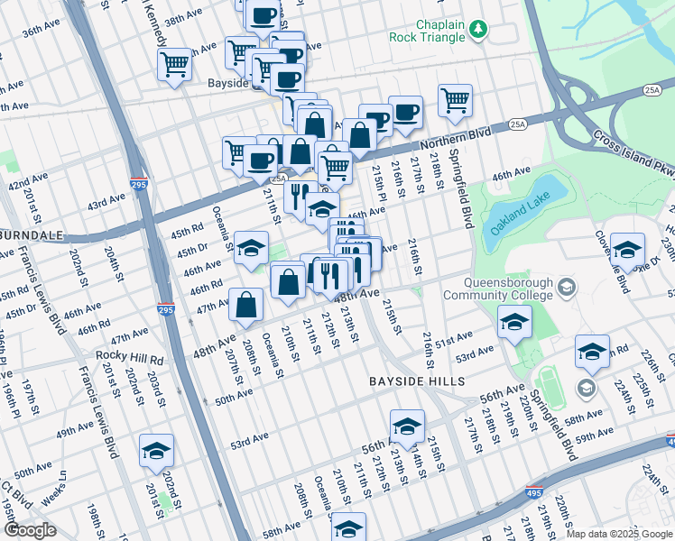 map of restaurants, bars, coffee shops, grocery stores, and more near 47-03 213th Street in Queens
