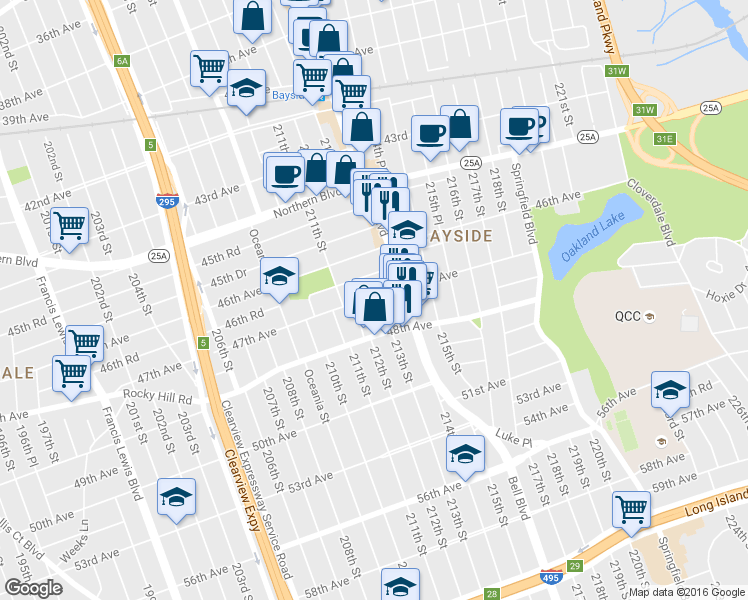 map of restaurants, bars, coffee shops, grocery stores, and more near 47-03 213th Street in Queens