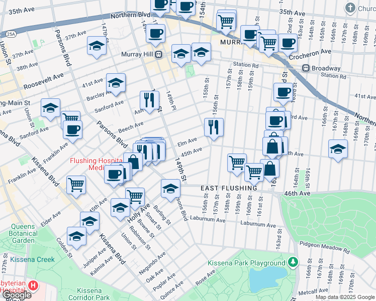 map of restaurants, bars, coffee shops, grocery stores, and more near 149-31 45th Avenue in Queens