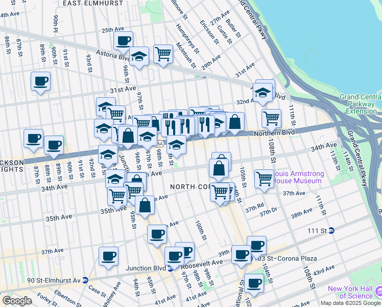 map of restaurants, bars, coffee shops, grocery stores, and more near 33-30 101st Street in Queens