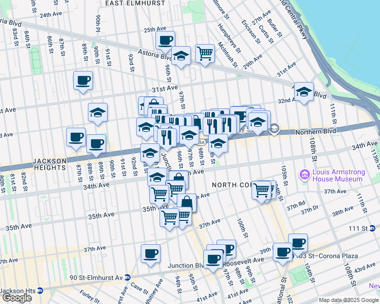 map of restaurants, bars, coffee shops, grocery stores, and more near 33-18 98th Street in Queens