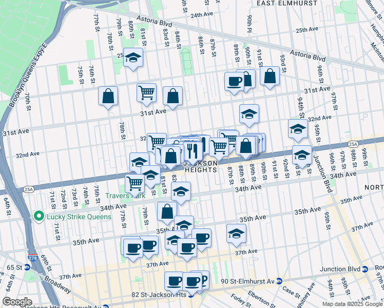 map of restaurants, bars, coffee shops, grocery stores, and more near 32-46 84th Street in Queens