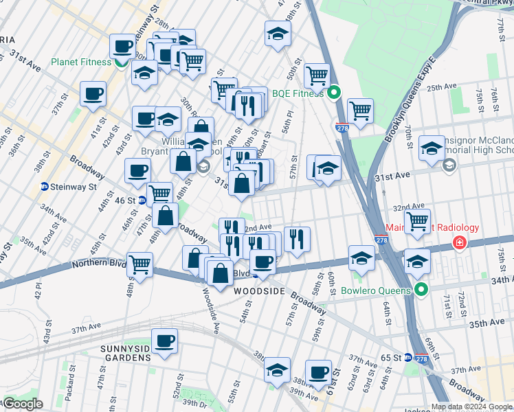 map of restaurants, bars, coffee shops, grocery stores, and more near 31-18 55th Street in Queens