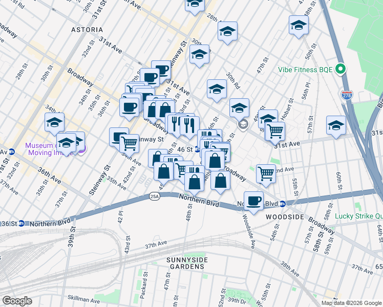 map of restaurants, bars, coffee shops, grocery stores, and more near in Queens
