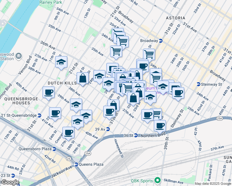 map of restaurants, bars, coffee shops, grocery stores, and more near 36-29 29th Street in Queens