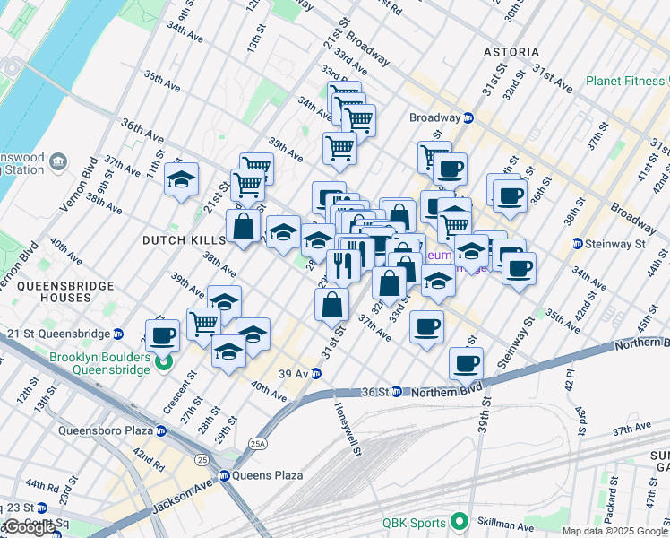 map of restaurants, bars, coffee shops, grocery stores, and more near 36-29 29th Street in Queens