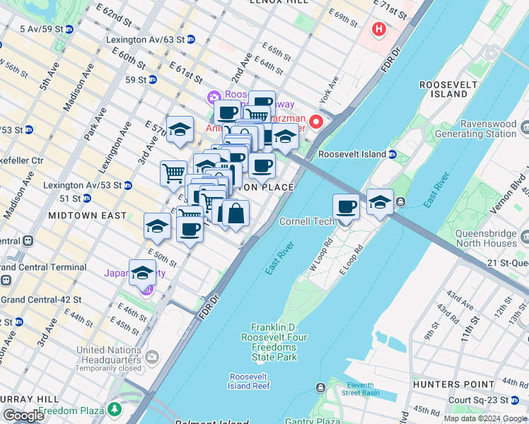 map of restaurants, bars, coffee shops, grocery stores, and more near 1 Sutton Place South in New York