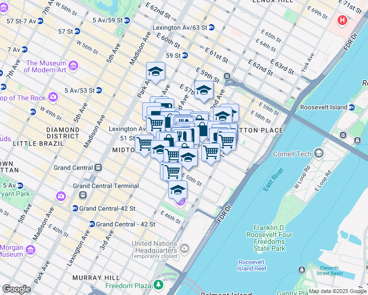 map of restaurants, bars, coffee shops, grocery stores, and more near 249 East 52nd Street in New York