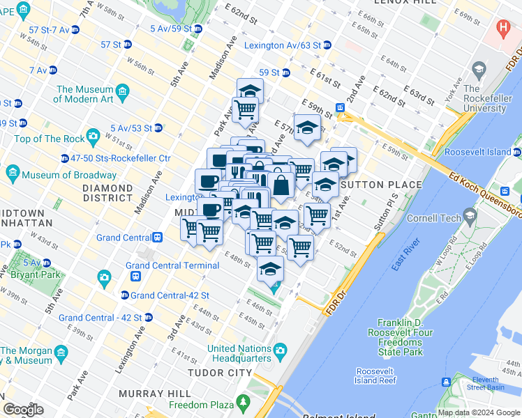 map of restaurants, bars, coffee shops, grocery stores, and more near 206 East 52nd Street in New York