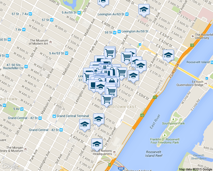 map of restaurants, bars, coffee shops, grocery stores, and more near 206 East 52nd Street in New York