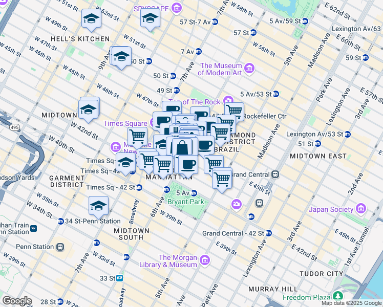 map of restaurants, bars, coffee shops, grocery stores, and more near 1150 6th Avenue in New York