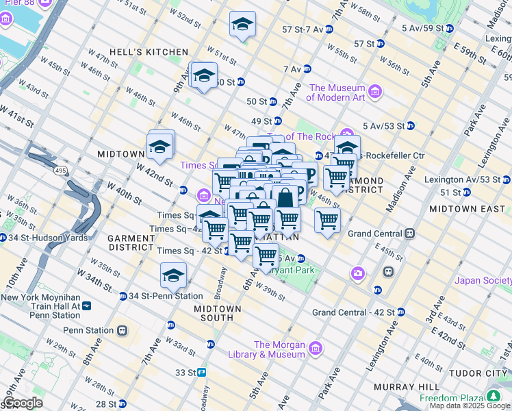 map of restaurants, bars, coffee shops, grocery stores, and more near 1133 Avenue of the Americas in New York