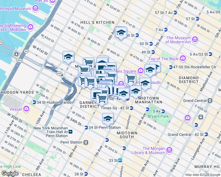 map of restaurants, bars, coffee shops, grocery stores, and more near 277 West 42nd Street in New York