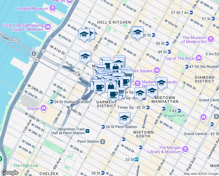 map of restaurants, bars, coffee shops, grocery stores, and more near 625 8th Avenue in New York