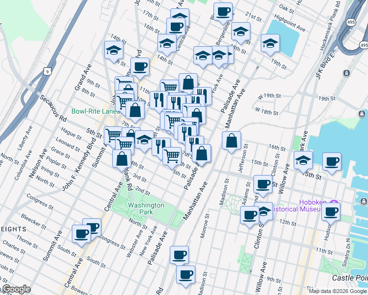 map of restaurants, bars, coffee shops, grocery stores, and more near 703 New York Avenue in Union City