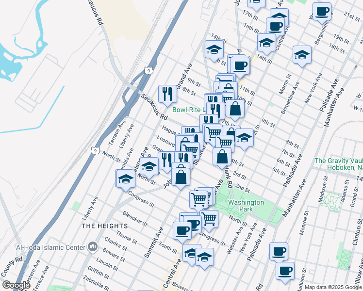 map of restaurants, bars, coffee shops, grocery stores, and more near 96 Leonard Street in Jersey City