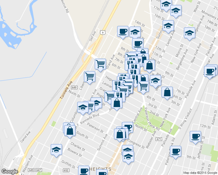 map of restaurants, bars, coffee shops, grocery stores, and more near 136 Grace Street in Jersey City