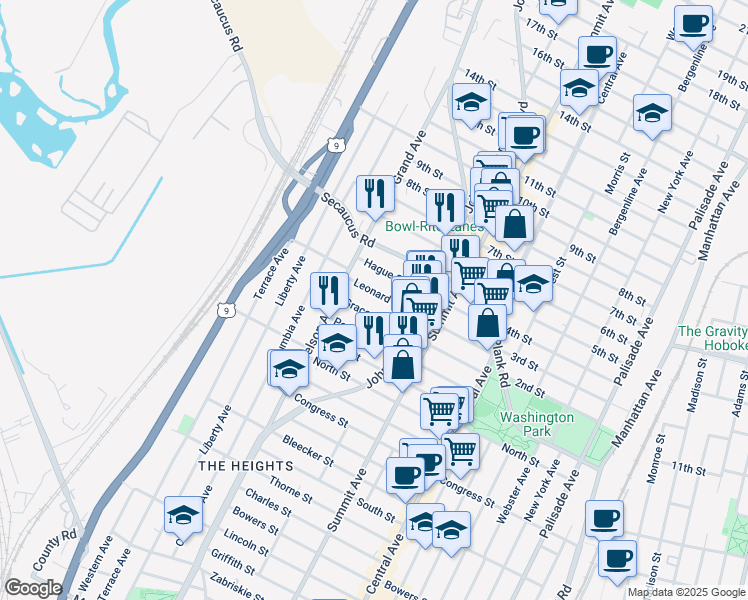 map of restaurants, bars, coffee shops, grocery stores, and more near 136 Grace Street in Jersey City