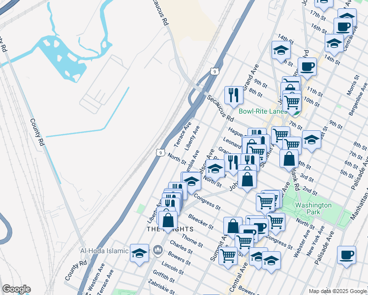 map of restaurants, bars, coffee shops, grocery stores, and more near 300 County Road 649 in Jersey City