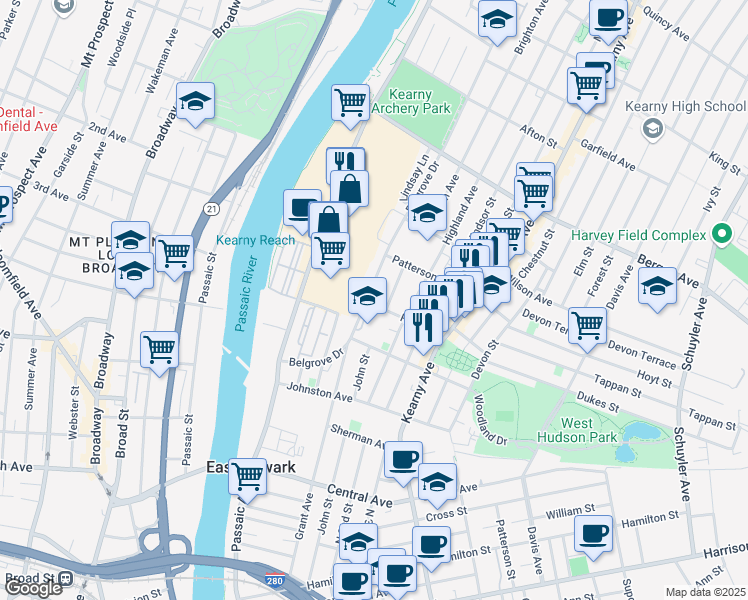 map of restaurants, bars, coffee shops, grocery stores, and more near 12 Rose Street in Kearny